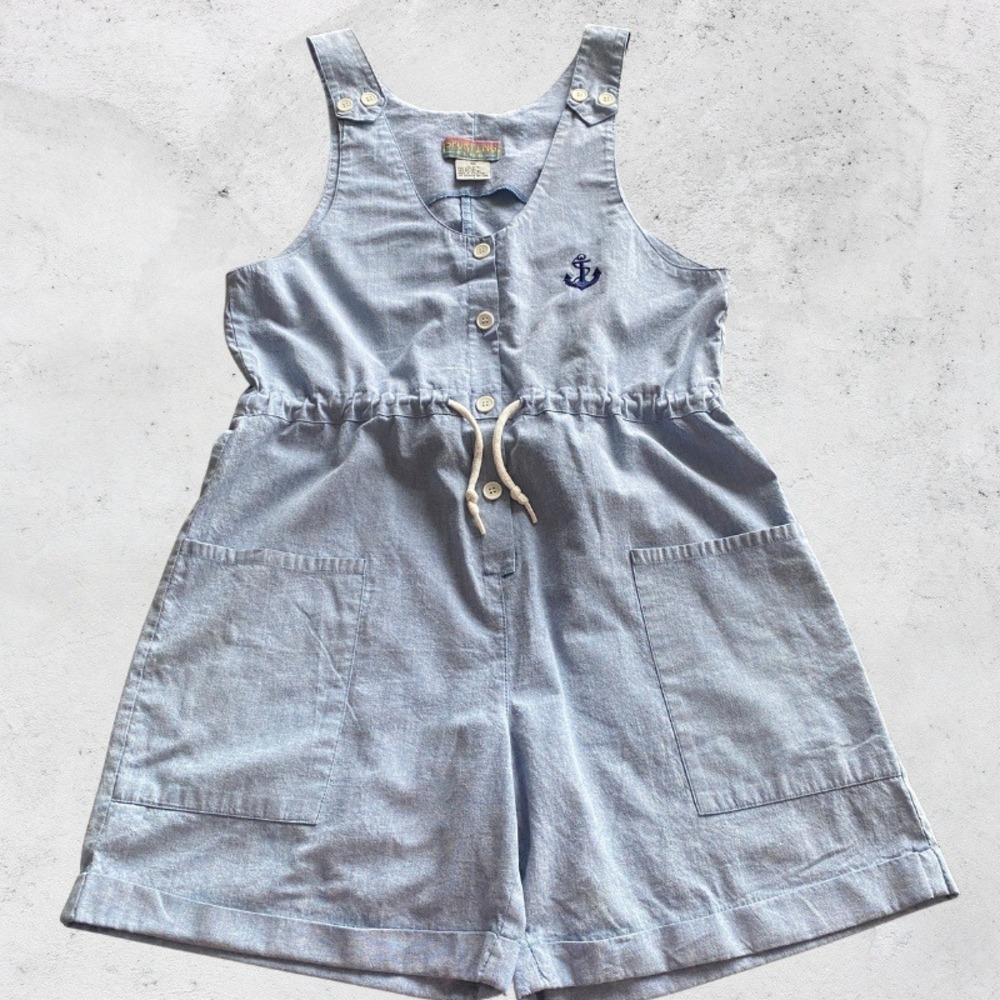 Vintage 90s Romper Womens Medium Nautical Blue Preppy Sailing Beach Vacation
